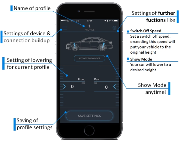 Functions of the Active Suspension App for car lowering