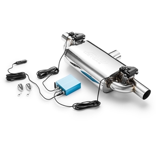 RM Motors Tverrgående Straight-Through Lyddemper Med Elektrisk Ventil E600 Innløpsdiameter 63,5 mm & Utløpsdiameter 2x50 mm