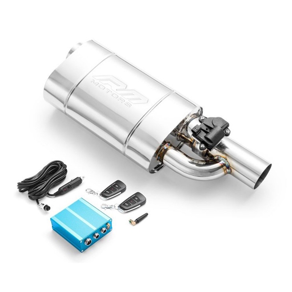 RM Motors Gjennomstrømningslyddemper Med Preging Og Elektrisk Ventil, Bokslengde - 350 mm, Innløpsdiameter - 76 mm, Side - Venstre